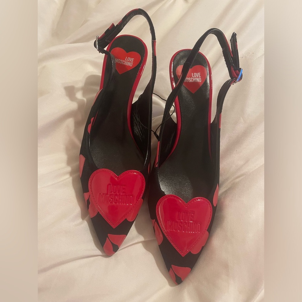 Love Moschino Women's Black and Red Heart Slingback Shoes
